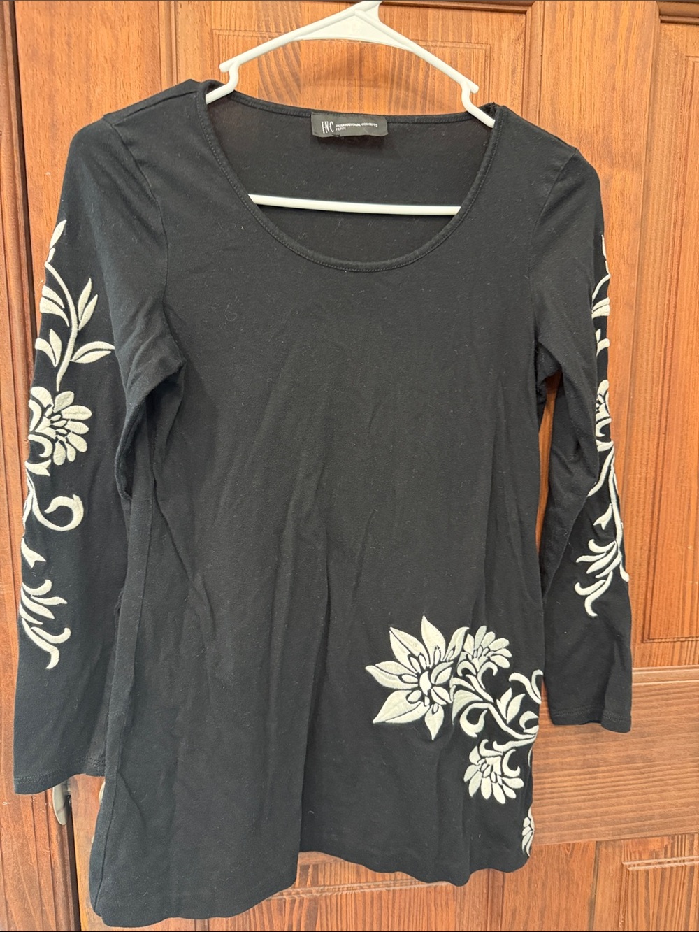 INC International Concepts Black Long Sleeve Top with White Floral Accent